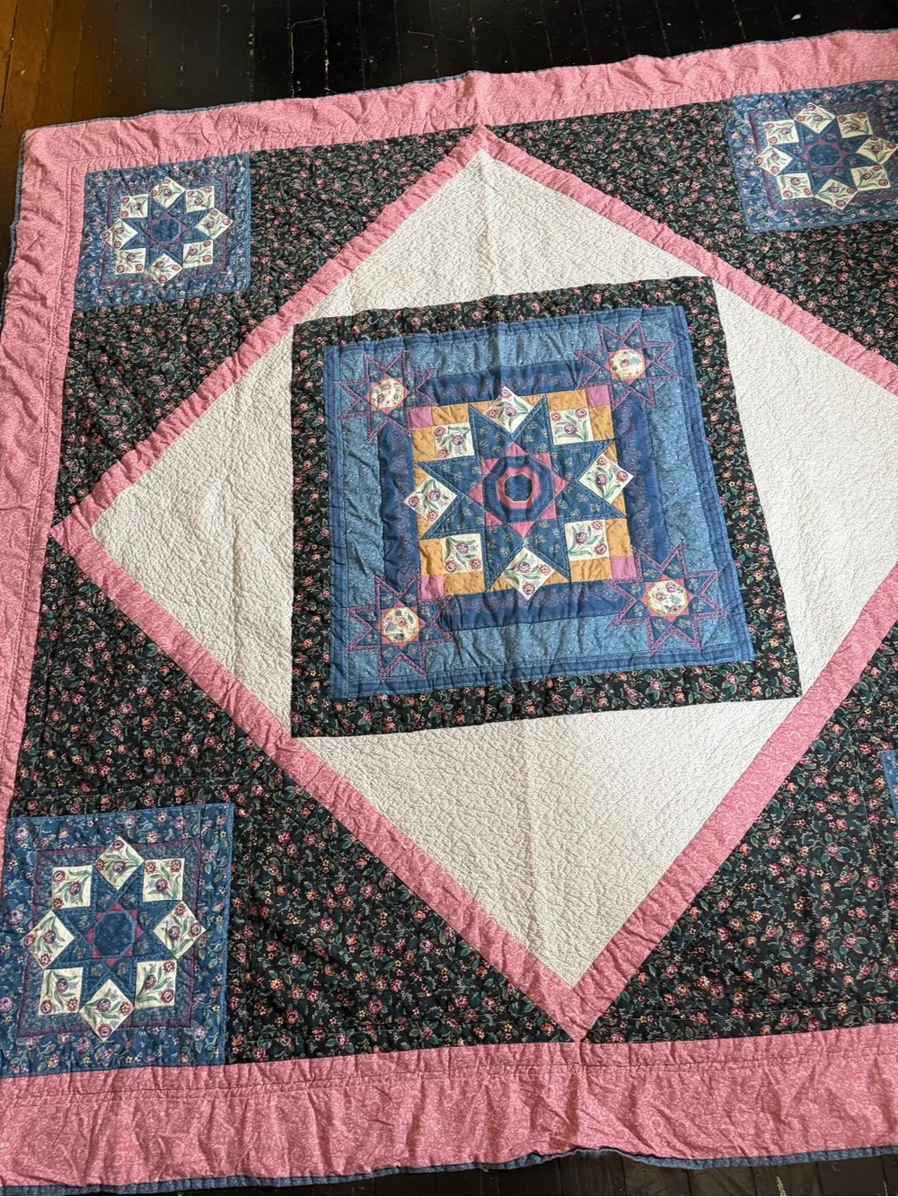 Handmade Star Patchwork Quilt in Pink, Blue, and Cream